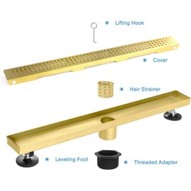 Elefloom Linear Shower Drain, 18 inch Gold Drain with Removable Grate Cover, Brushed 304 Stainless Steel Shower Floor Drain, Linear Drain with Hair Strainer and Adjustable Feet