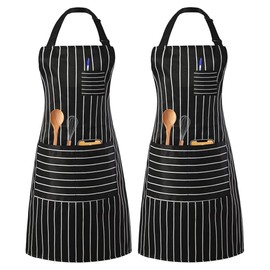 The Living Looms 2 Pack Adult Bib Aprons Set Water Resistant 3 Pockets Adjustable Kitchen Cooking Aprons Restaurant Chef Aprons for Men Women (Black - 2 Pack)