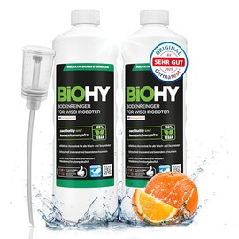 BiOHY Bodenreiniger f√ºr alle Wischroboter mit Orangenduft (2 x 1 liter) + Dosierer | Schaumarm & Streifenfrei | Reinigungsmittel Konzentrat f√ºr alle B√∂den
