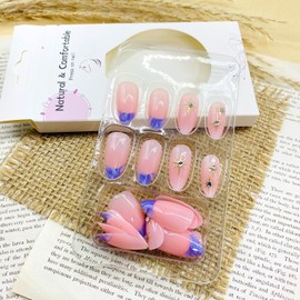 LWTZLW Purple French Tip Press on Nails with Rhinestones Medium Almond Fake Nails French Tip Full Cover Glue On Nails Oval Acrylic False Nail Glossy Artificial Nail Reusable for Women