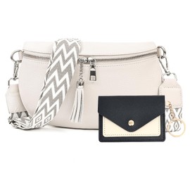 JinDouer Kleine Umhängetasche Damen mit Breitem Gurt, Bauchtasche Echt Leder Damen Stylisch mit Vielen Kartenfächer, Crossbody Bag Damen Klein, Münzbörsen für Damen Senden (Weiß)