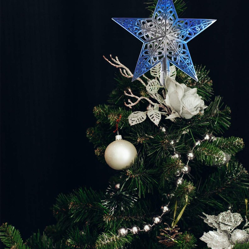 OULII Christmas Tree Topper, Glittering Star Tree Topper, Silvery Blue