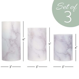 Elanze Designs Marbled White and Grey 6 inch Wax LED Flameless Pillar Candles Set of 3