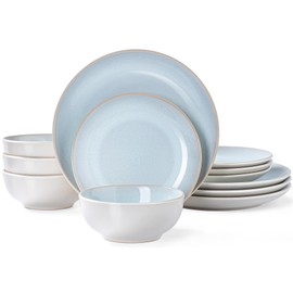 Plates and Bowls Sets for 4 - CJDC-QUELO 12-Piece Stoneware Dinnerware Sets, Ceramic Dishware Set for Kitchen Use and Formal Dining, Chip and Scratch Resistant Microwave Dishwasher Safe, Off White