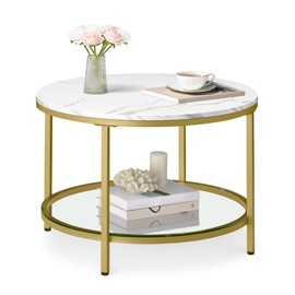 VASAGLE Round Coffee Table, Small Coffee Table with Faux Marble Top and Glass Storage Shelf, 2-Tier Circle Coffee Table, Modern Center Table for Living Room, Marble White and Pale Gold ULCT072W59