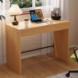 40 Inch Small Desk with Fluted Drawer, Farmhouse Wooden Computer Desk for Home Office, Writing Desk with Storage Drawer, Vanity Desk Makeup Table for Bedroom, Dorm Room, Reclaimed Light Oak
