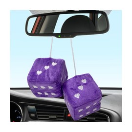 Yourkar 2 PCS Fuzzy Plush Dice for Car Rearview Mirror, 3'' Retro Square Heart-Shape Dice Mirror Hanging Ornament, Universal Interior Hanging Dice Decor Accessories for Men Women (Purple)