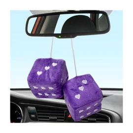 2 PCS Fuzzy Plush Dice for Car Rearview Mirror, 3'' Retro Square Heart-Shape Dice Mirror Hanging Ornament, Universal Interior Hanging Dice Decor Accessories for Men Women (Purple)