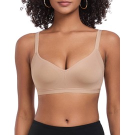 ANGOOL Women's Bra Without Underwire Medium Support Sports Bra Back Closure Adjustable Straps Classic Sleep Bra Padded V-Neck Seamless, beige, L