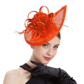 LATIMOON Fascinators for Women Derby Pillbox Wedding Hat Cocktail Tea Party Feather Headband（orange）
