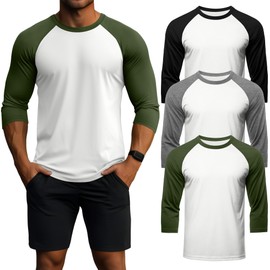 Huukeay 3 Pack Men's 3/4 Sleeve Shirts Cotton Crew Neck Baseball T Shirts Moisture Wicking Athletic Tops(White/Black, White/Light Grey, White/Army Green,3X-Large)