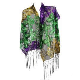 Western F.a.s.h.i.o.n Mardi Gras Fleur De Lis Sequin Scarf, Green, Purple, Gold, Fringed