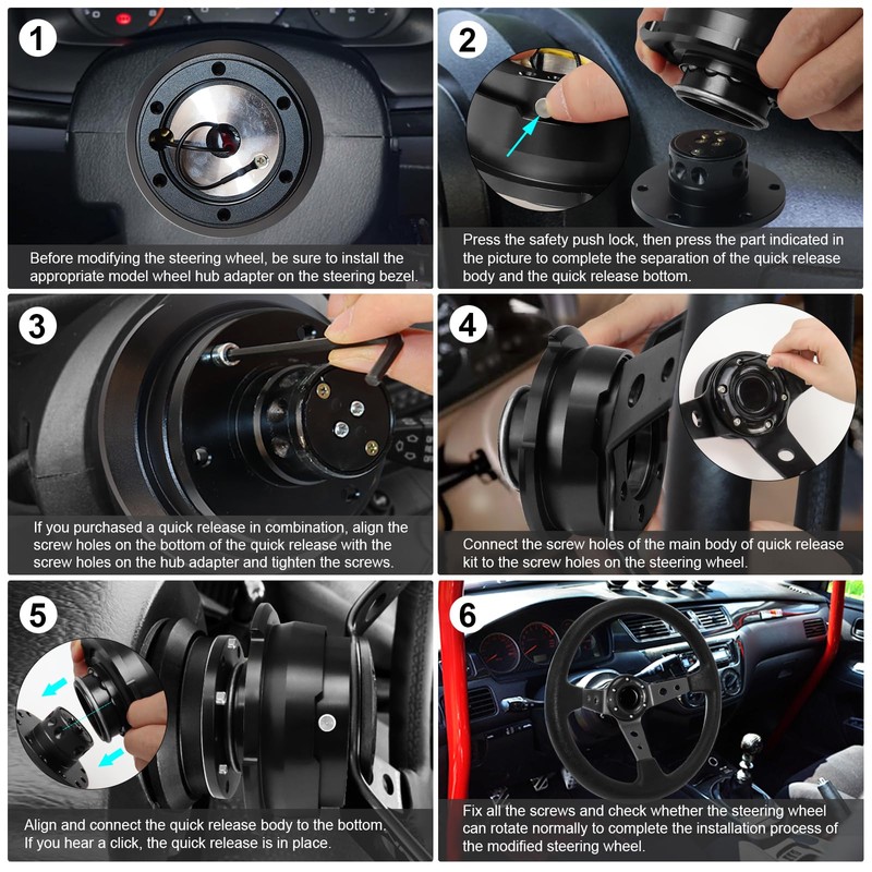Acclcors Steering Wheel Quick Release Universal 6-Hole Snap Off Boss