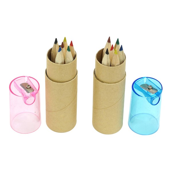 Q-2727A-6-20 Short Colored Pencils with 6V Sharpener, 20 Pack (2 Mixed Colors), Opp Bag, Half Cut Colored Pencils, Red, Black, Blue, Green, Brown, Yellow Core Set of 6, Recycled Paper Tube Case, Lid Sharpener Included