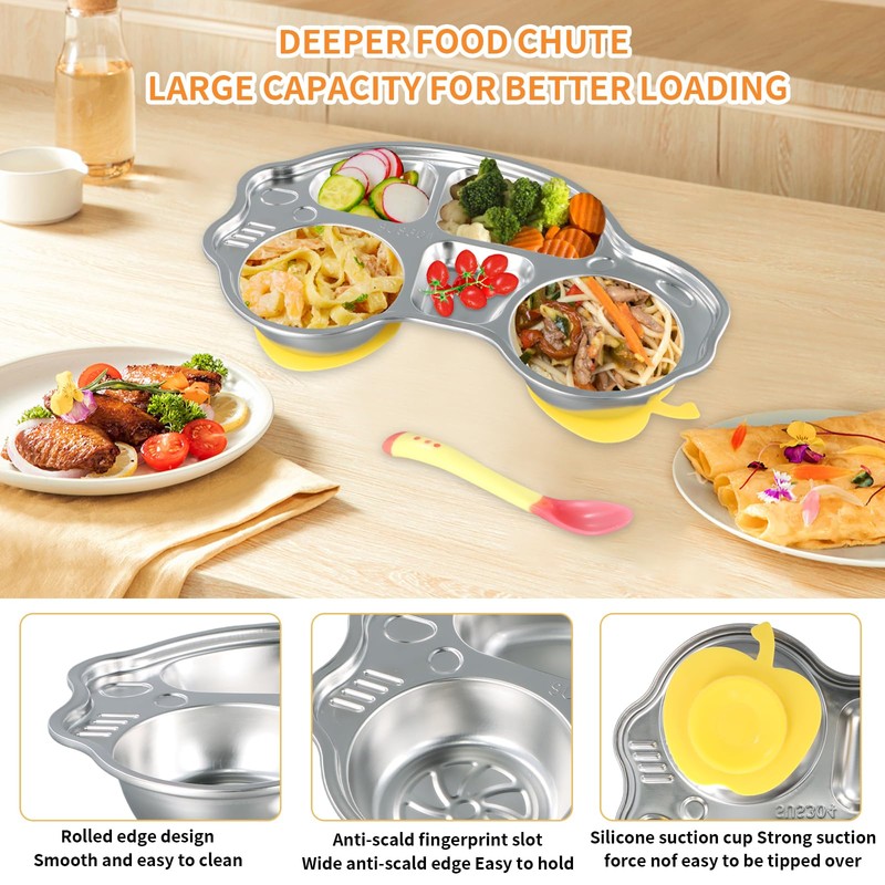 Disnace Stainless Steel Divided Plates Meal Plates, Car Shape Divided