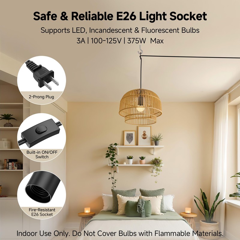 Cable Matters 2-Pack Hanging Light Cord with Switch - 25ft,