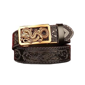 xichuangyuXCY Men's Leather Ratchet Belt Retro Dragon Pattern Eagle Tiger Buckle Carved Casual Business Belt 49 Inches, Black Flower Pattern Dragon 3
