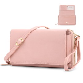 Women Crossbody Wallet Purse, RFID Card Holder Wristlet Clutch 2 Straps, A-pink, Small