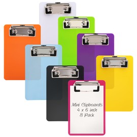 8 Pcs Mini Clipboard 4x6 inch, Coloured Small Clip Board with Low Profile Clip, Plastic Clipboards with Hanging Hole, Durable Writing Memo Document Form Holder for Office Classroom Supplies