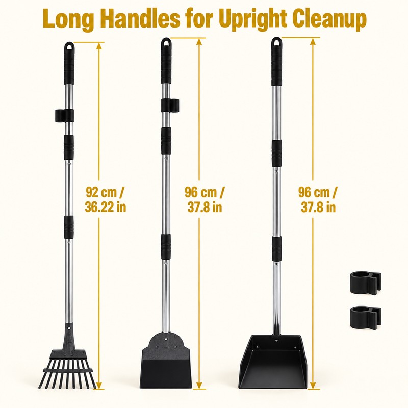 Long Handle Metal Dog Pooper Scooper Set with Rake, Spade