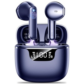 Wireless Earbuds Bluetooth 5.3 Headphones in Ear with 4 ENC Noise Cancelling Mics Ear buds HiFi Stereo Deep Bass Dual LED Display Bluetooth Earphones 42H Playtime Mini Case IP7 Waterproof Navy blue