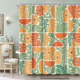 DeeCabin Boho Abstract Colorful Floral Shower Curtain, Vintage Retro Patchwork Orange Green Flower Botanical Geometric Aesthetic Groovy Bathroom Decor Shower Curtain Set with 12 Hooks, 60X70IN