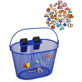 ANZOME Children's Bicycle Basket, Metal Bicycle Basket Front Children for Girls and Boys, Handlebar Basket with 30 Cute Clips & Velcro Fasteners, Waterproof, Removable, Gifts for Children (Sports