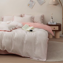 Striped Bedding Duvet Cover Set Queen White 100% Washed Cotton Duvet Cover Pink Grey Stripes Pattern Comforter Cover 3 Pieces Cotton Linen Feel Striped Duvet Cover with 2 Pillowcases
