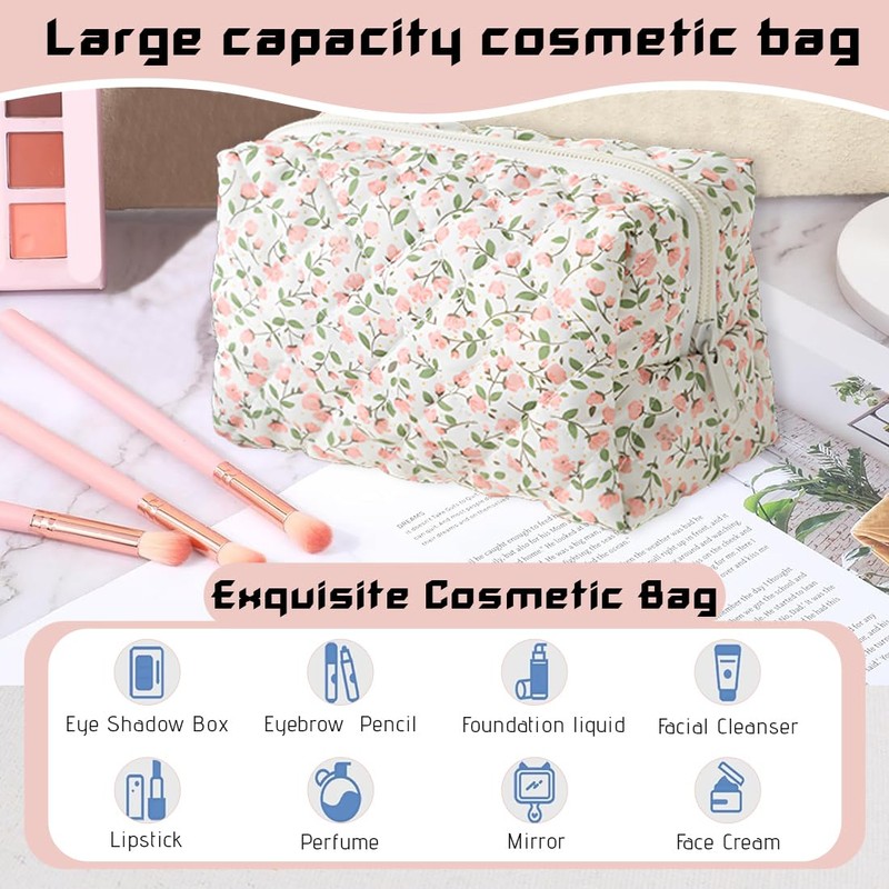 ZEPIQOR Floral Quilted Large Capacity Soft Cotton Cosmetic Bag for