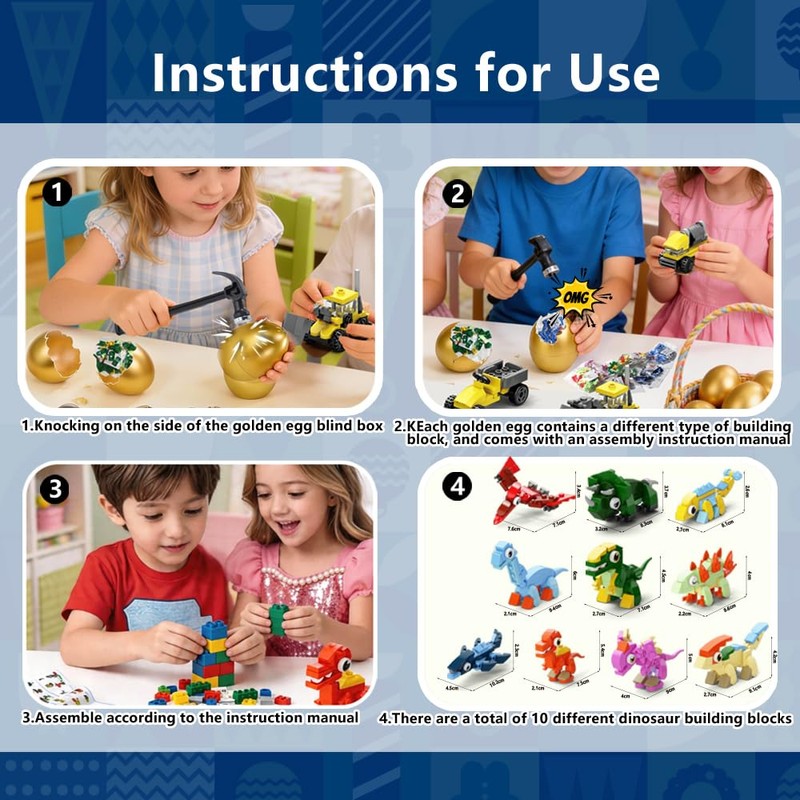 TMIXIU 10 Pack Dinosaur Surprise Egg Building Blocks Set, Smashable