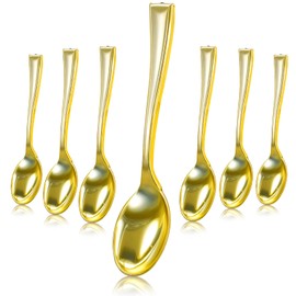 300 Pcs Disposable Mini Gold Spoons Set Bulk Small Plastic 4 Inch Serving Heavy Duty Plastic Tasting Spoons for Desserts Sampling or Appetizers