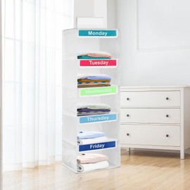 5- Shelf Weekly Clothes Organizer for Kids, Kids Daily Clothes Organizer, Day of Week Clothes Organizer ,Hanging Closet Organizer,Monday Through Friday Clothes Organizer for Hats T-Shirts (White)
