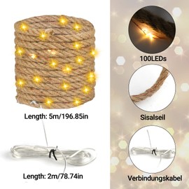 Solar Fairy Lights Rope Garden, IP65 Fairy Solar Rope Lights with 100 LEDs for Outdoor Garden Patio Balcony Decoration, 500 cm Sisal Star Illuminated Lamp, Decorative Rope Light, Warm White Decoration