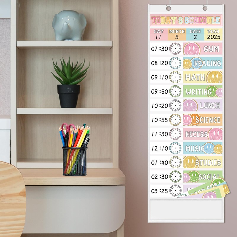 JarThenaAMCS Pastel Smile Face Daily Schedule Pocket Chart 13 x