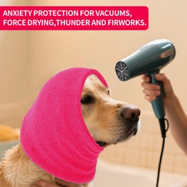 Dog Calming Hoodie Cat Anxiety Relief Cover,Double Layer Thickened Pet Ears Protector Soft Elastic Neck Band Noise Cancelling Ear Muffs for Grooming,Force Drying,Bath,Fireworks (Pink, Medium)