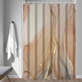 Brown Shower Curtain, Modern Brown Gold Grey Marble Shower Curtain for Bathroom Aesthetic Ink Texture Waterproof Shower Curtain Set with Hooks, 72x84 Inch