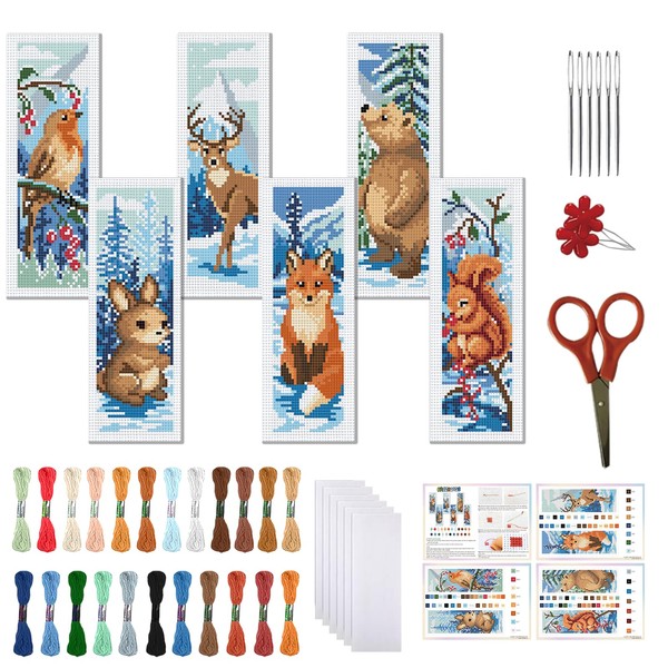 FREEBLOSS 6 Set Cross Stitch Bookmark Kit Winter Animals Pattern