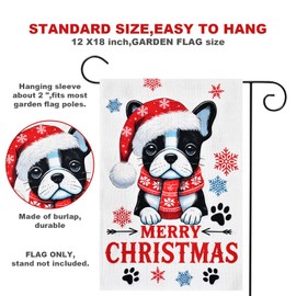 12 x 18 Inches Merry Christmas Dog Garden Flag Decorations - Double-Sided Cute French Dog with Santa Hat and Scarf Yard Flag Indoor Outdoor Winter Holiday Décor for Porch Patio Lawn Party Supplies