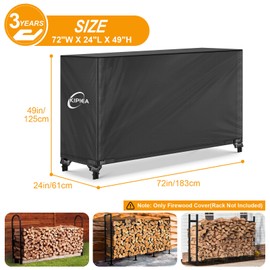 Kipiea 6FT Waterproof Firewood Storage Log Rack Cover, Heavy Duty 600D Outdoor Wood Storage Rack Cover with Buckles and Full-Length Hook & Loop Fastener, Tear-Resistant