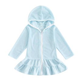 citgeett Toddler Girls Swim Cover Up Swimsuit Terry Cloth Beach Towel Long Sleeve Bathing Suit Cover Ups for Swimwear (Blue, 1-2T)
