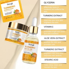 Turmeric Face Care Set | 3pcs Facial Oil, Cream & Essence Soap | Nourishing & Deep Cleansing Skin Care Kit for Women & Men | Brightening & Hydrating