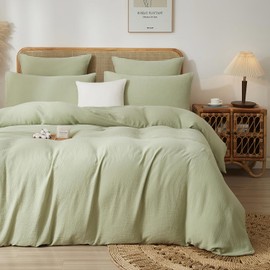 DXHOME Muslin Bed Linen 135 x 200 cm Green Plain Cotton Bed Linen Sets Summer Breathable Cooling Reversible Bed Linen Soft Duvet Cover with Zip + 1 Pillowcase 80 x 80 cm