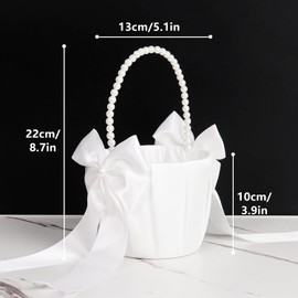 Wedding Flower Girl Flower Basket with Cute Pearl Handle Bow Satin Flower Basket for Wedding Decoration and Wedding Gifts (White)
