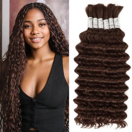 Human Braiding Hair for Boho Braids Bulk Human Hair 150g 20 Inch Curly Boho Hair for Braiding Knotless 12A Deep Wave Bohemian 6 Bundles/Pack Wet and Wavy Chocolate Brown 4#