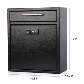 KYODOLED Steel Combination Lock Mail Boxes Outdoor,Locking Wall Mount Mailbox,Security Key Drop Box,12H x 10.51L x 4.68W Inches,Black Large
