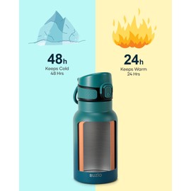 2PCS BUZIO 12oz Kids Insulated Water Bottle with Straw Lid, BPA-Free Stainless Steel Water Bottles with Handle Double Wall Vacuum Leak Proof Thermo Cup for School Boys Kids- Black+Blue