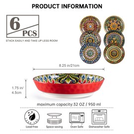 Henten Home Bohemia 32 OZ Pasta Bowls Set, Ceramic Salad Bowl Set of 6, Porcelain Oatmeal Serving Bowls Set for Soup, Salad, Microwave & Dishwasher Safe