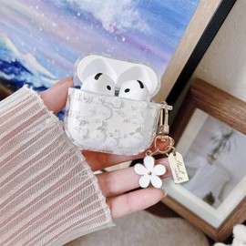 MINSCOSE Compatible with AirPods 4 Clear Case,Cute Flower Pattern Design with Floral Keychain, Soft TPU Protective Shockproof Cover for AirPods 4th Generation for Women Girls-White Rose