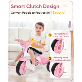 KRIDDO 2 in 1 Kids Tricycles Age 18 Month to 3 Years, EVA Wheels, Gift Toddler Tricycle, Trikes for Toddlers 2 to 3 Year Old with Push Handle, Duck Bell, Pink
