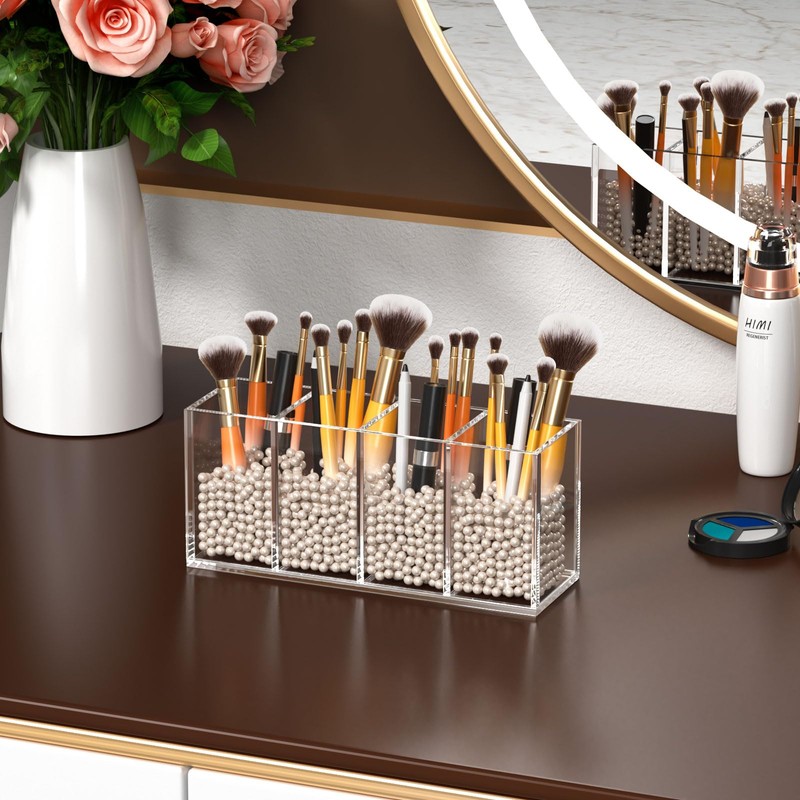 HIIMIEI Acrylic Pen Holder 4 Compartments Clear Makeup Brushes Holder